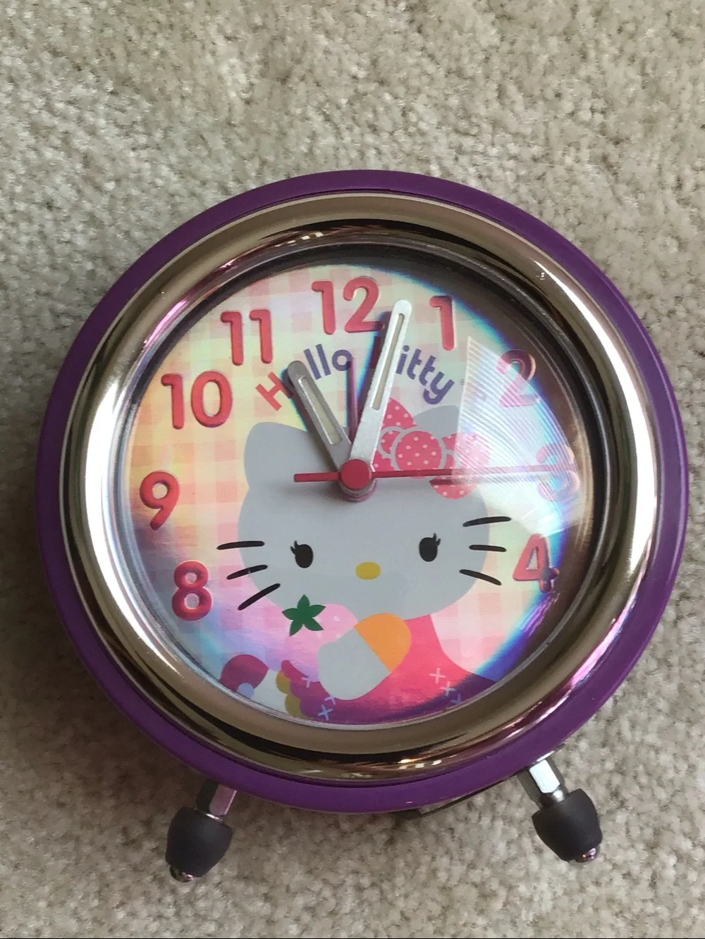 Retro Hello Kitty Alarm Clock, Purple/Pink/Reflective Multicolor, 5”